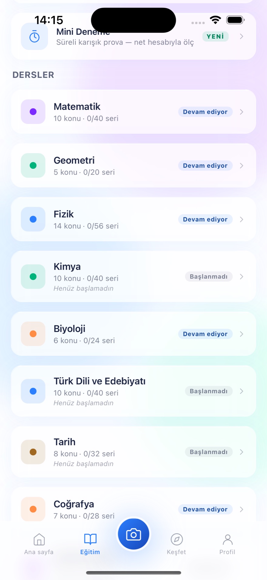 AYT dersleri — Matematik, Geometri, Fizik, Kimya, Biyoloji, Edebiyat, Tarih, Coğrafya seri sayılarıyla