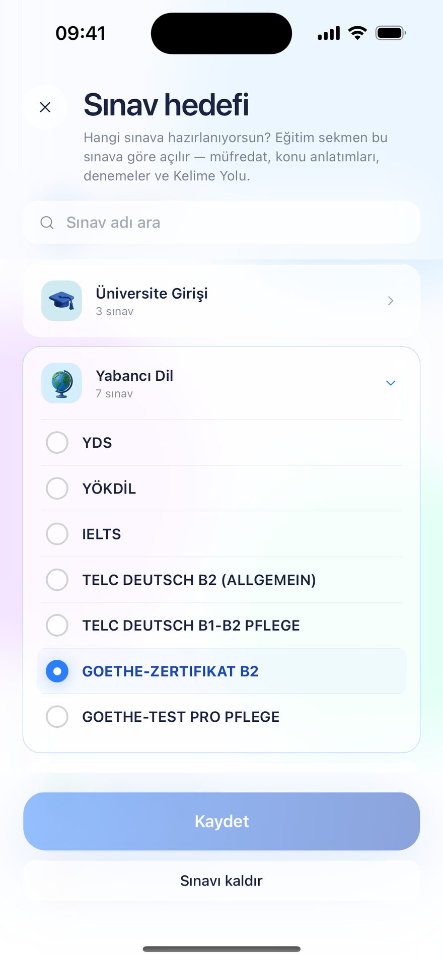 Sınav hedefi ekranı — Yabancı Dil altında Goethe-Zertifikat B2 seçili; listede telc Deutsch B2, telc Pflege ve Goethe-Test PRO Pflege de var