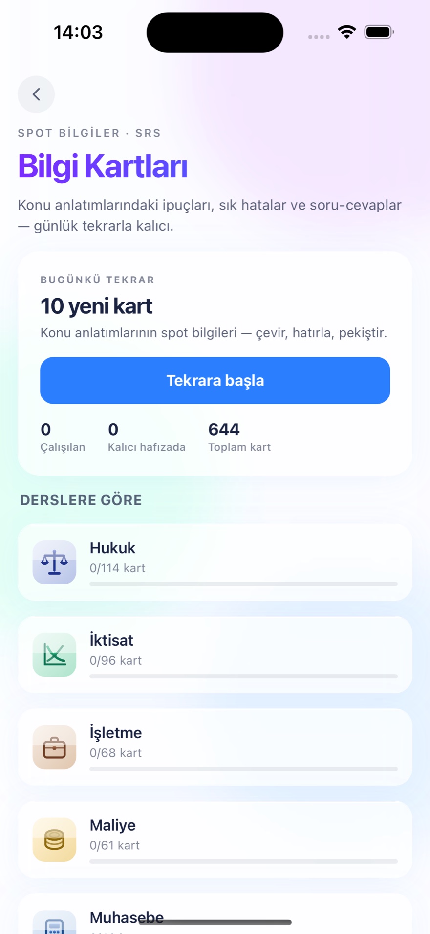 Sorvia uygulamasında KPSS bilgi kartı ekranı