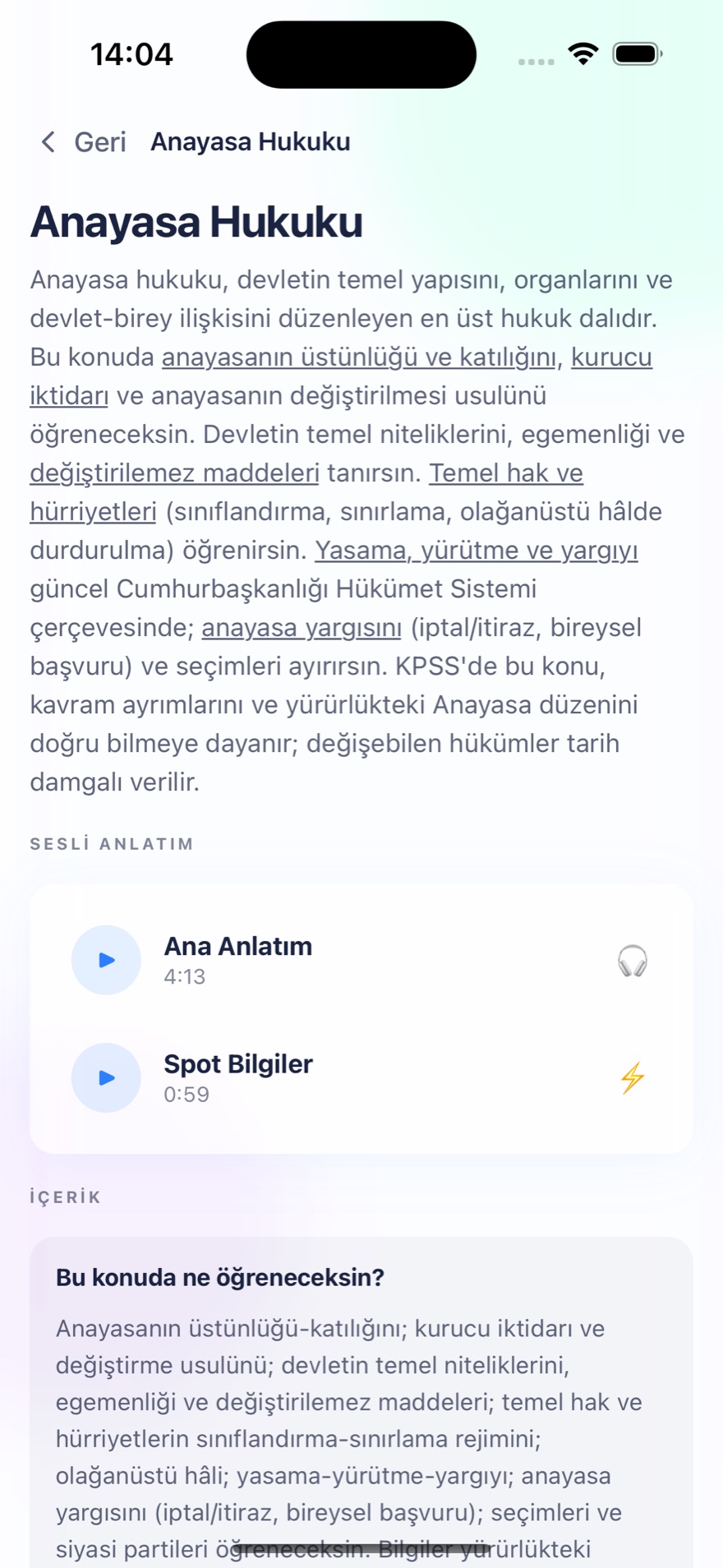 Sorvia uygulamasında sesli anlatımlı KPSS Anayasa Hukuku konu ekranı