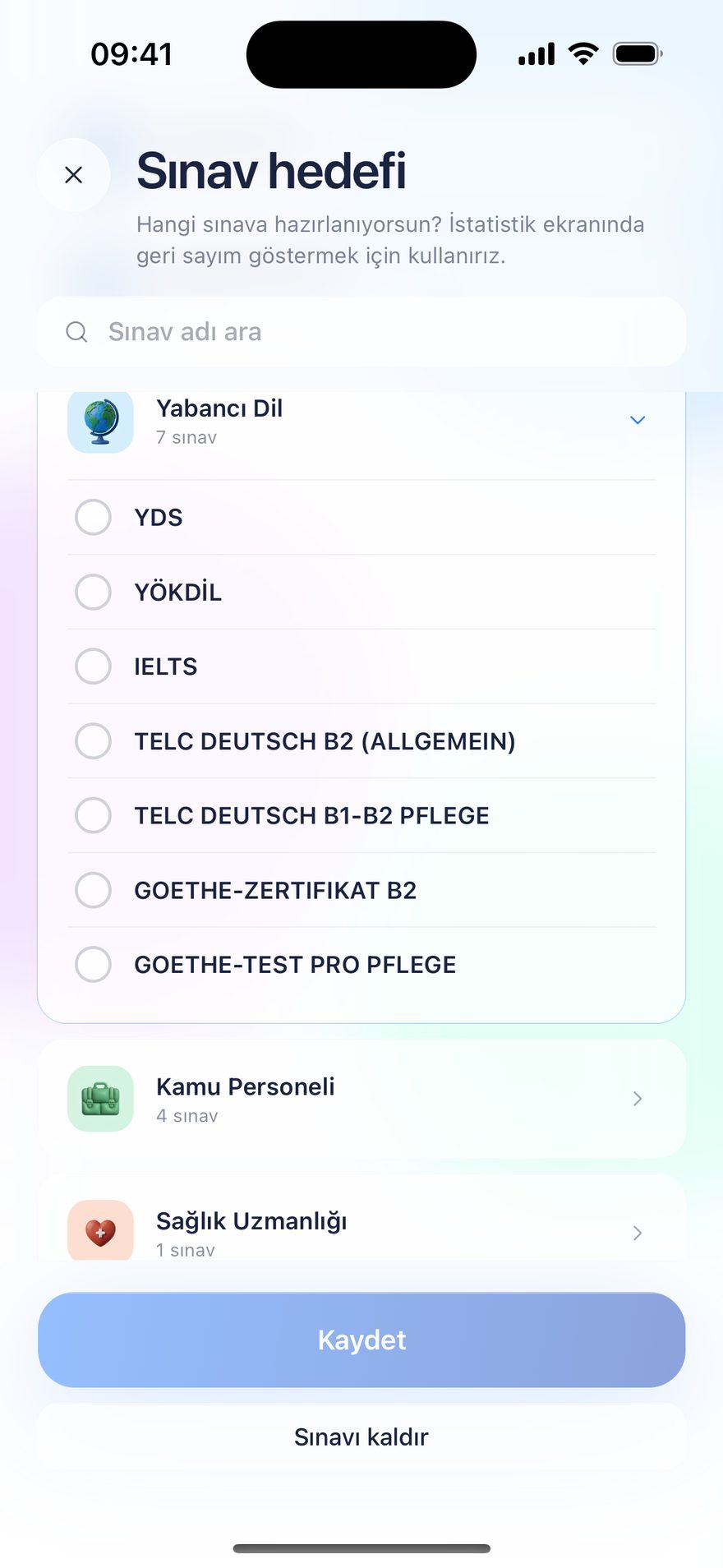Sınav hedefi ekranı — Yabancı Dil altında YDS, YÖKDİL, IELTS, telc Deutsch B2 (Allgemein), telc Deutsch B1-B2 Pflege, Goethe-Zertifikat B2 ve Goethe-Test PRO Pflege