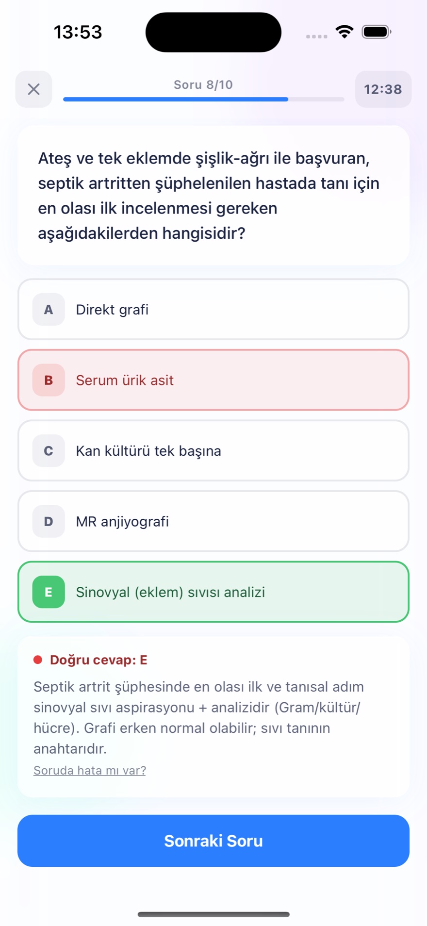 Sorvia uygulamasında gerekçeli çözümlü TUS vaka sorusu ekranı