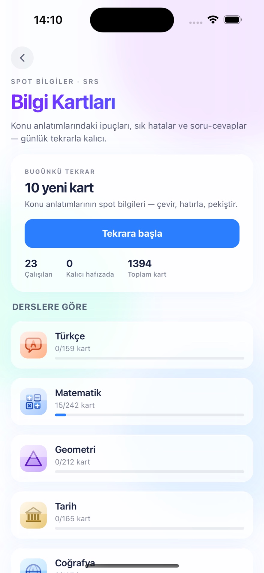 Bilgi Kartları — SRS spot bilgiler, derslere göre Türkçe, Matematik, Geometri, Tarih, Coğrafya kart sayıları