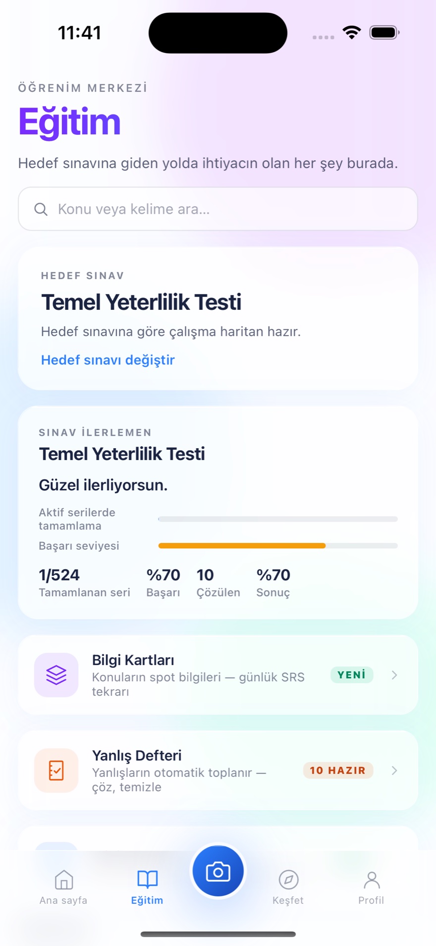 Sorvia Eğitim merkezi — hedef sınav Temel Yeterlilik Testi, sınav ilerlemesi, Bilgi Kartları ve Yanlış Defteri