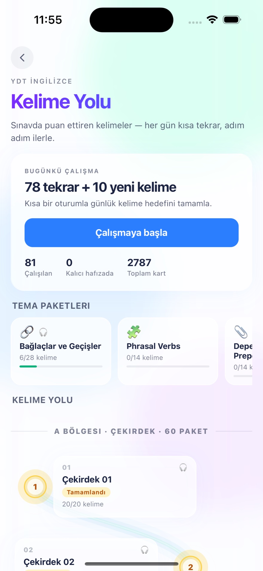 YDT Kelime Yolu — bugünkü çalışma hedefi, tema paketleri ve çekirdek kelime paketleri